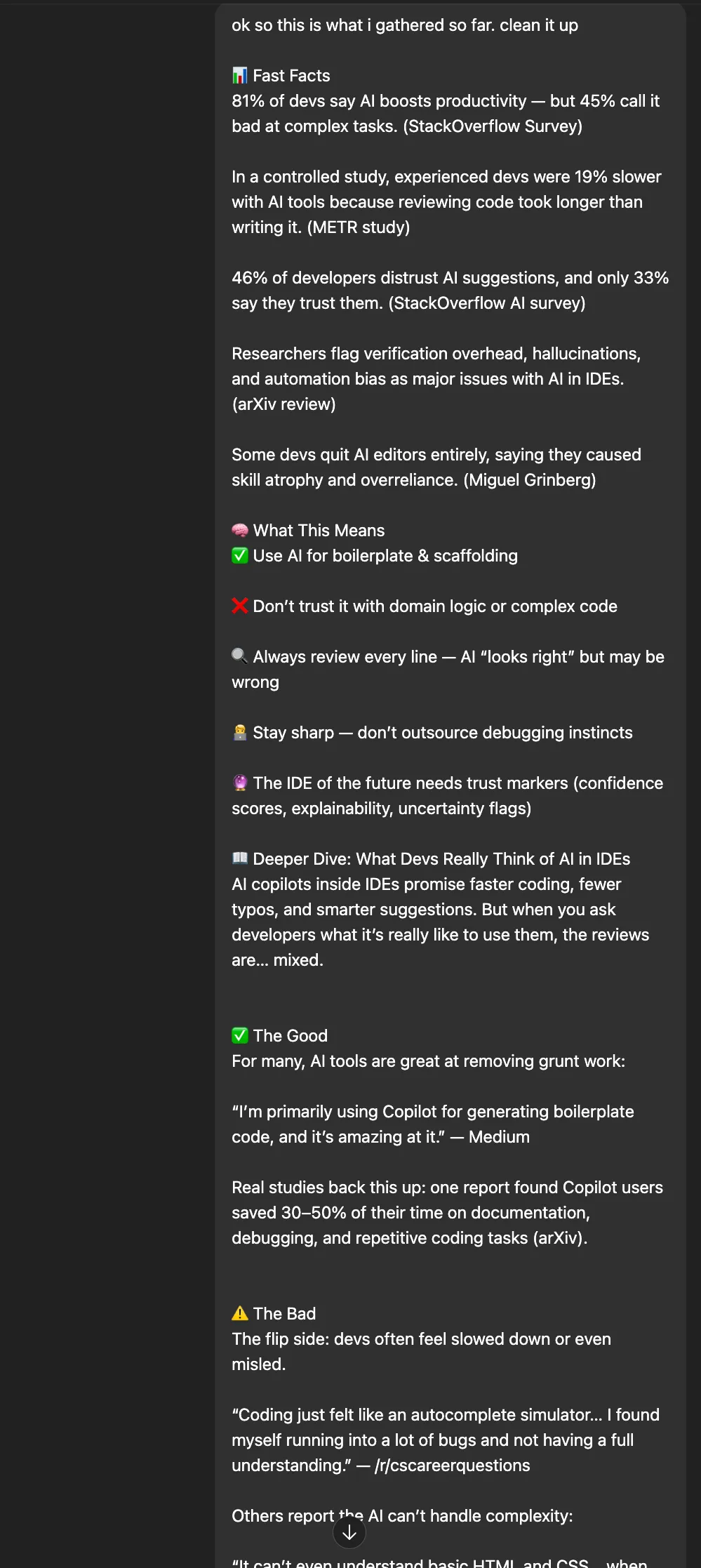 ChatGPT's near-final newsletter draft combining fast facts, takeaways, and quoted dev reviews