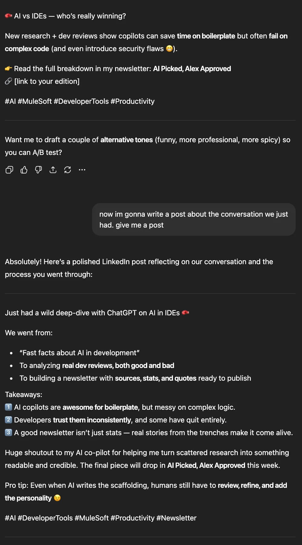 ChatGPT drafting a LinkedIn caption, then a separate post about the brainstorming process itself