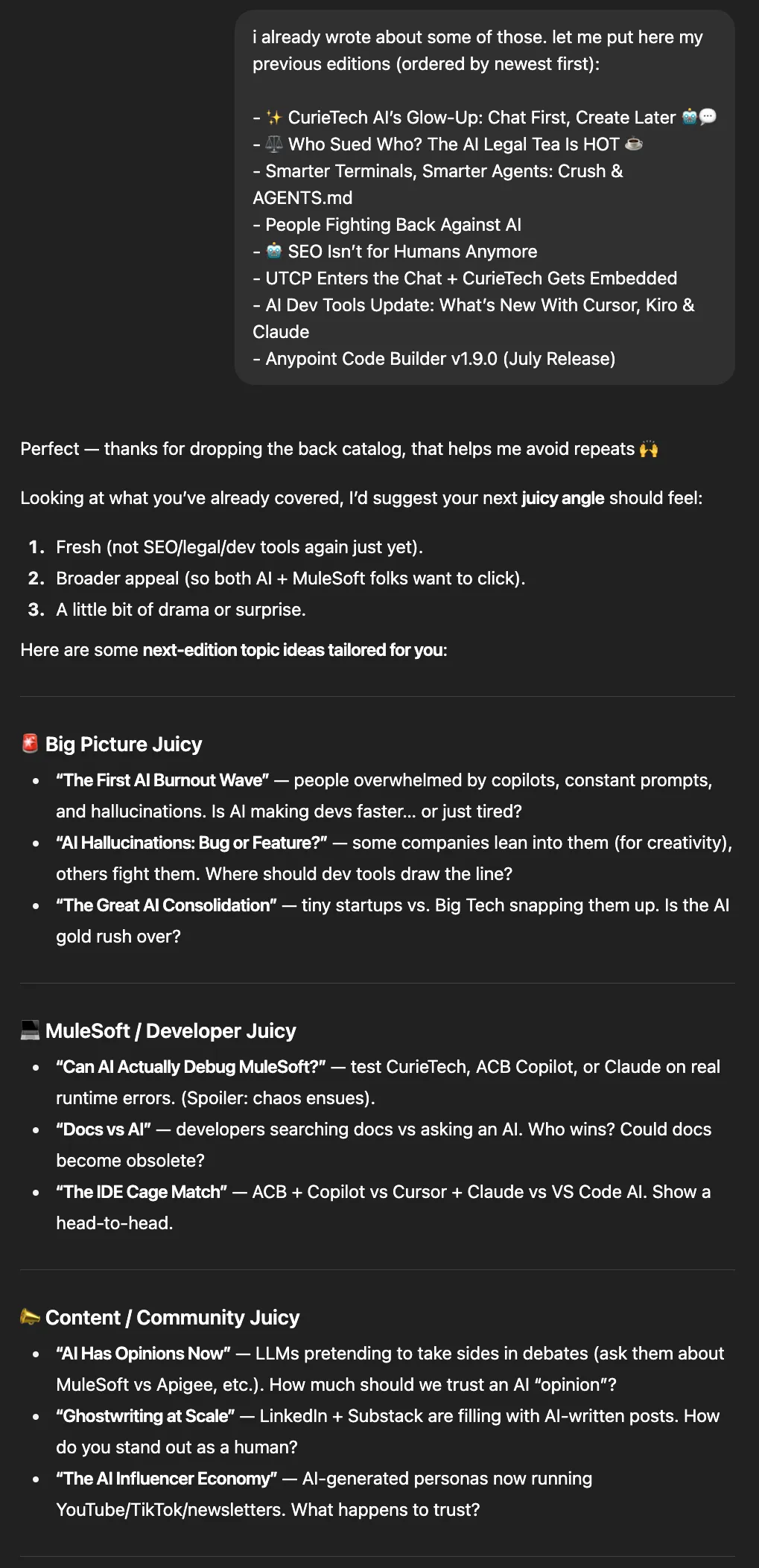ChatGPT given the list of past newsletter topics, then proposing fresh angles grouped by theme