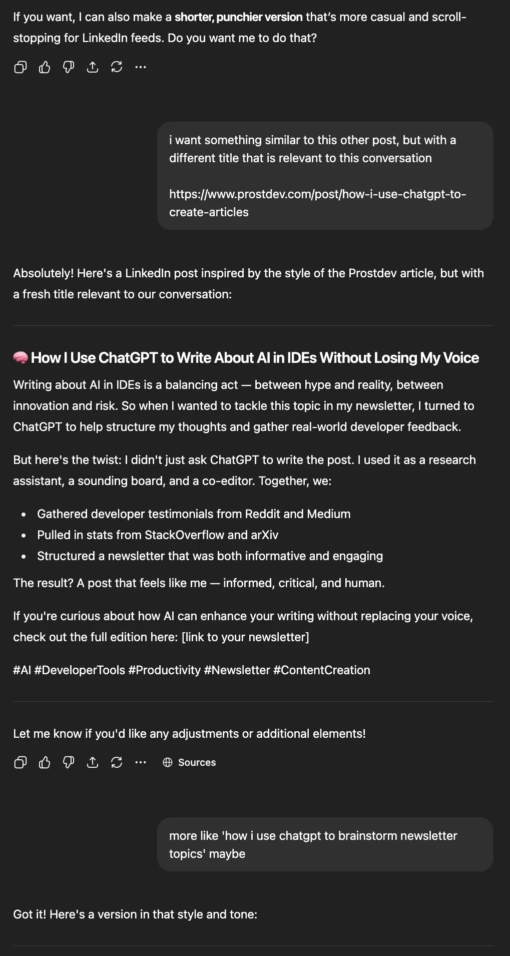 ChatGPT producing a LinkedIn post titled "How I Use ChatGPT to Write About AI in IDEs Without Losing My Voice"