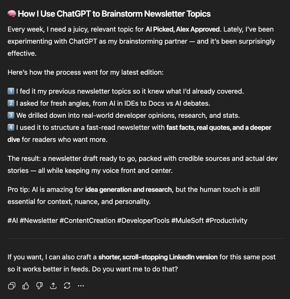 ChatGPT's final post styled after this article, recapping the ChatGPT brainstorming workflow