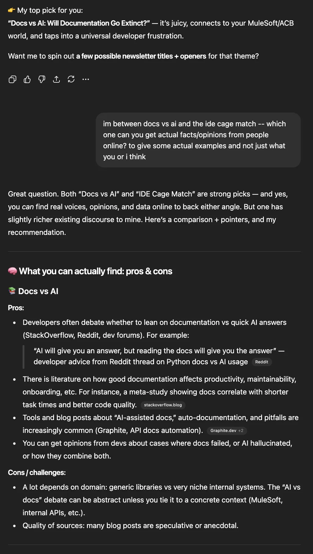 ChatGPT comparing "Docs vs AI" and "IDE Cage Match" topics with a pros and cons breakdown