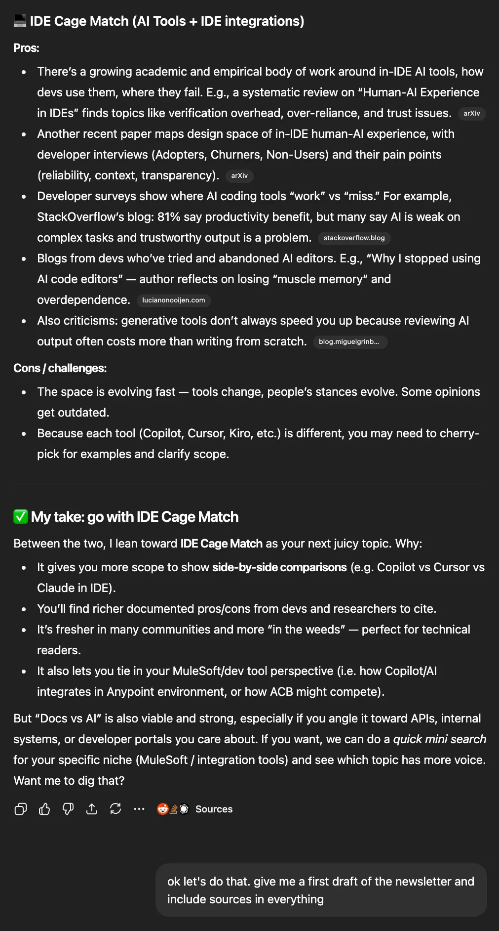 ChatGPT weighing pros and cons of the IDE Cage Match topic and recommending it as the next edition