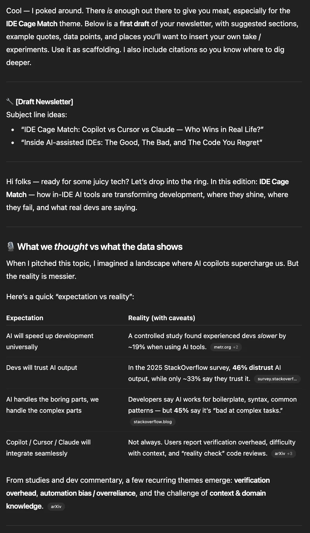 ChatGPT's first newsletter draft comparing expectations vs reality of AI coding copilots