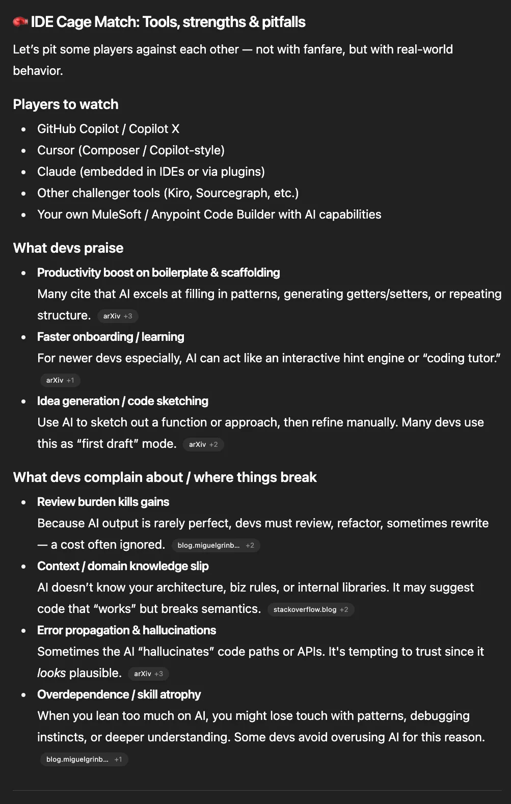 ChatGPT listing what devs praise and what breaks with AI IDE tools, with cited sources