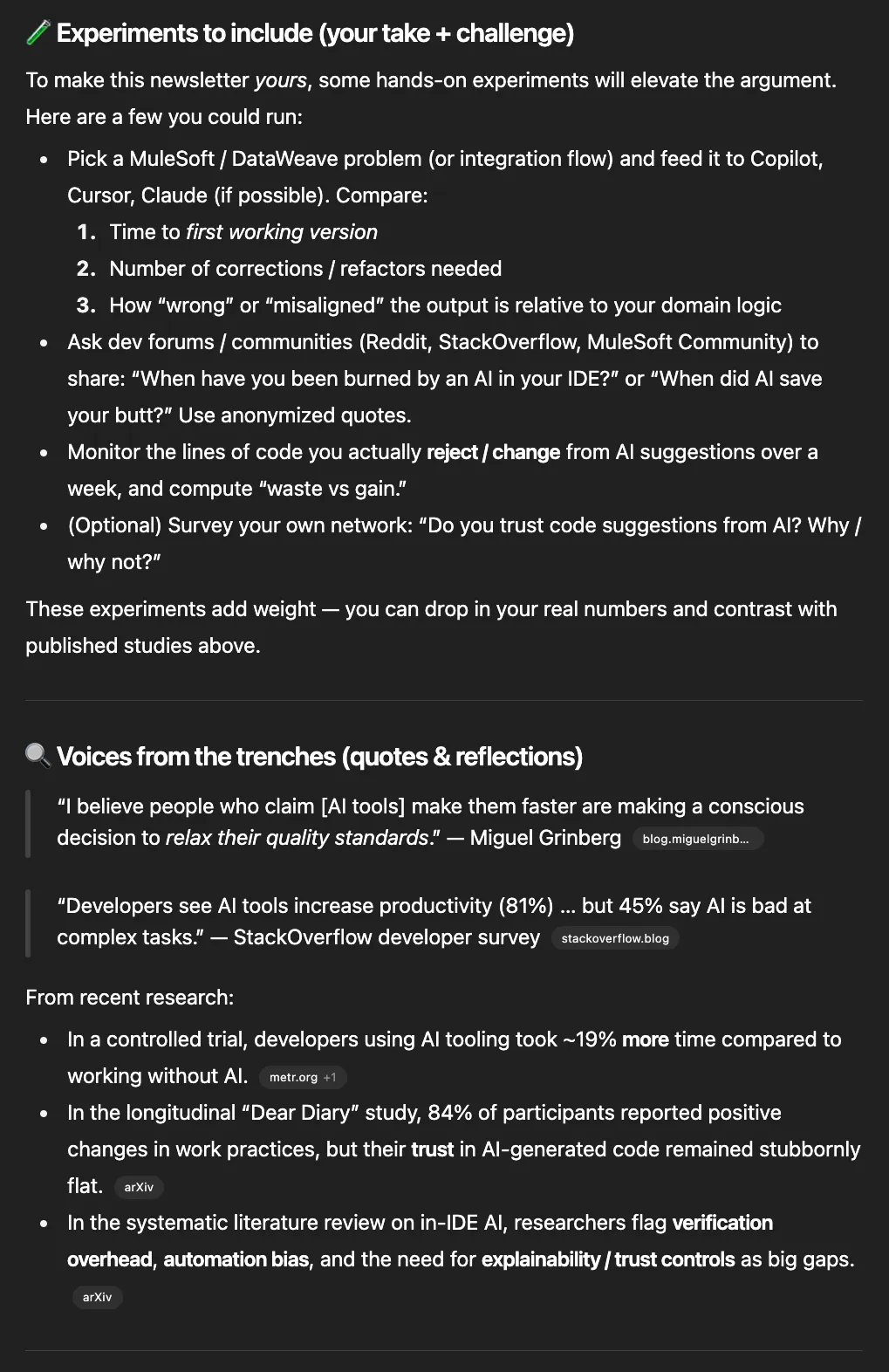 ChatGPT suggesting hands-on experiments to try and real developer quotes to include