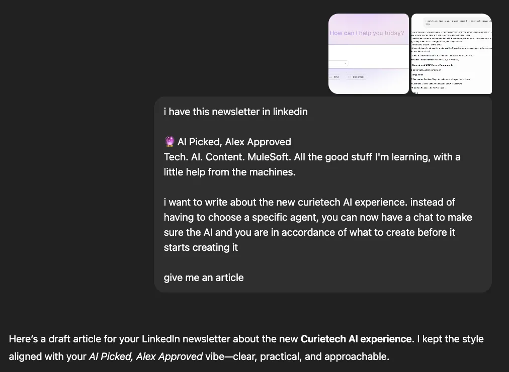 ChatGPT prompt asking for a newsletter article about the new CurieTech AI chat-first experience.