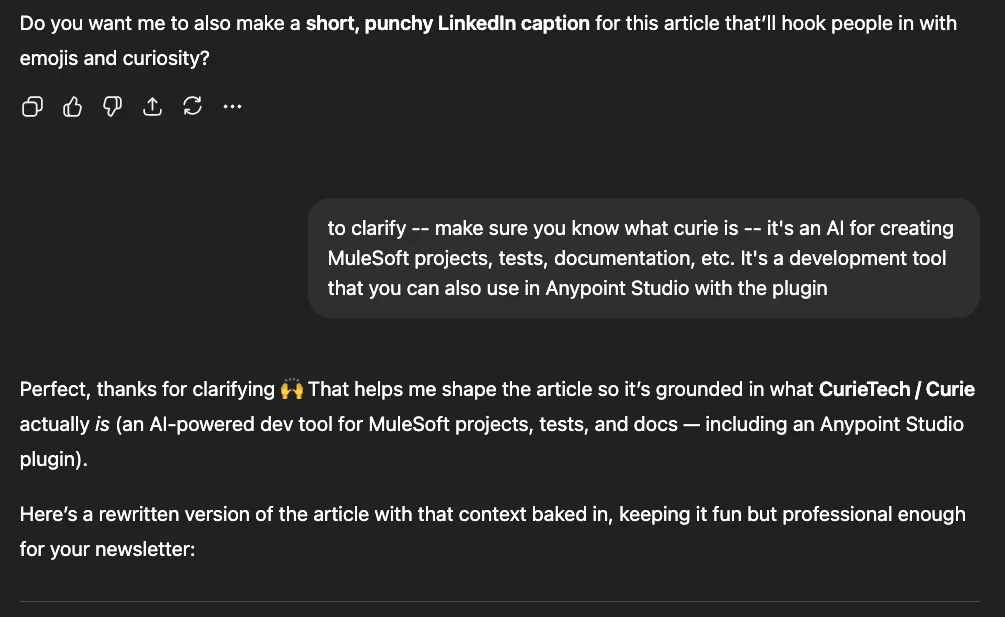 Prompt clarifying that Curie is an AI dev tool for MuleSoft projects usable inside Anypoint Studio.