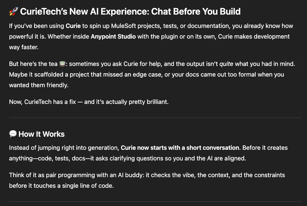 Rewrite grounded in MuleSoft context: "CurieTech's New AI Experience: Chat Before You Build".