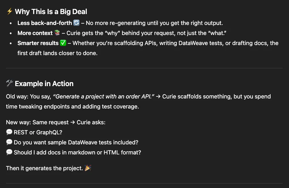 Continuation with "Why This Is a Big Deal" and an "Example in Action" using a DataWeave-tests scenario.