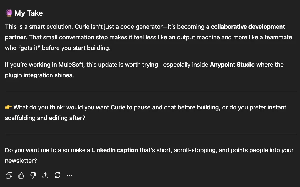 The "My Take" section calling Curie a collaborative development partner, plus a follow-up caption offer.