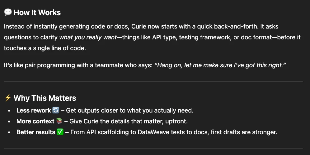 Polished article's "How It Works" and "Why This Matters" sections referencing API type and DataWeave tests.