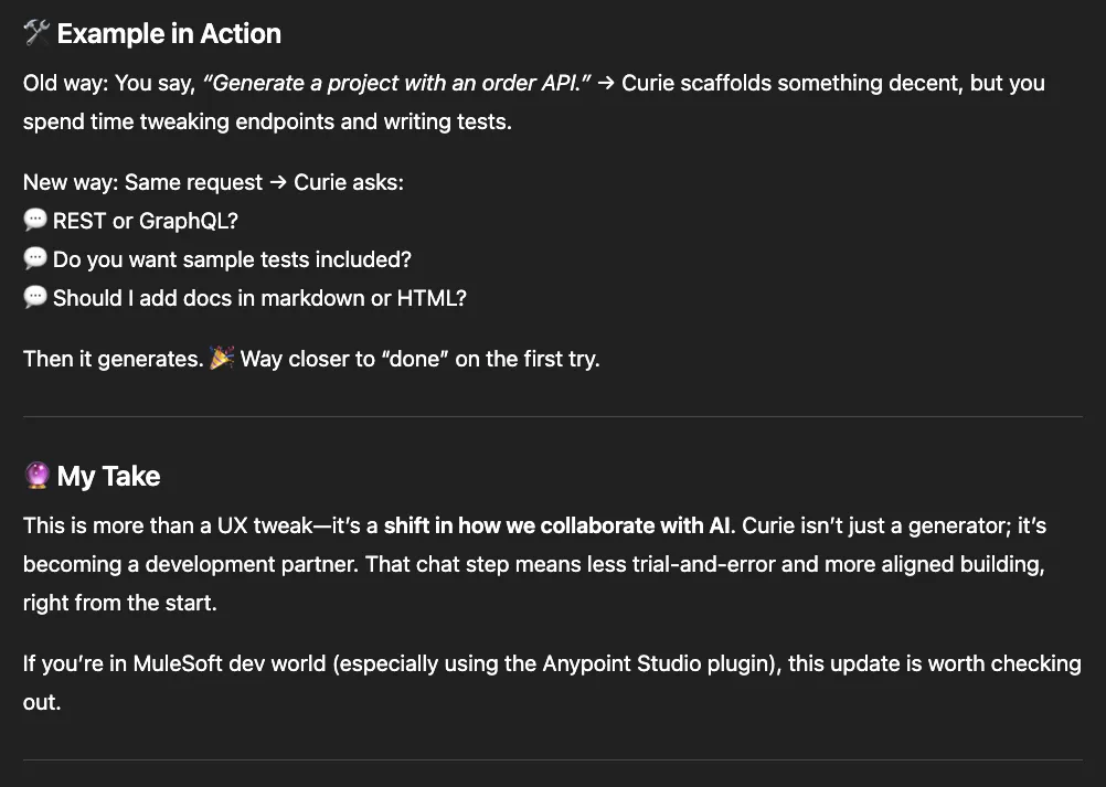 Polished article's "Example in Action" and "My Take" sections framing Curie as a development partner.