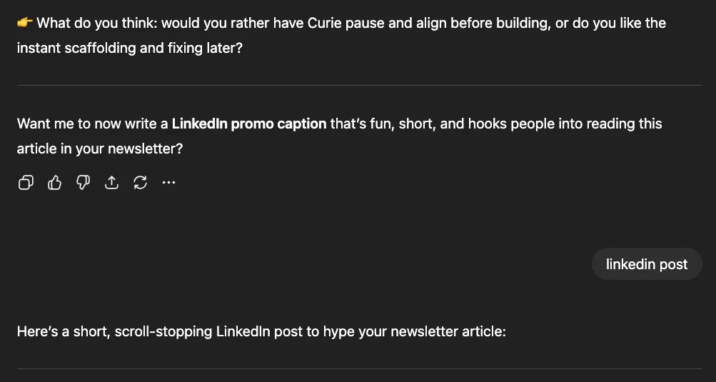 Prompt simply saying "linkedin post", with ChatGPT offering a short scroll-stopping promo post.