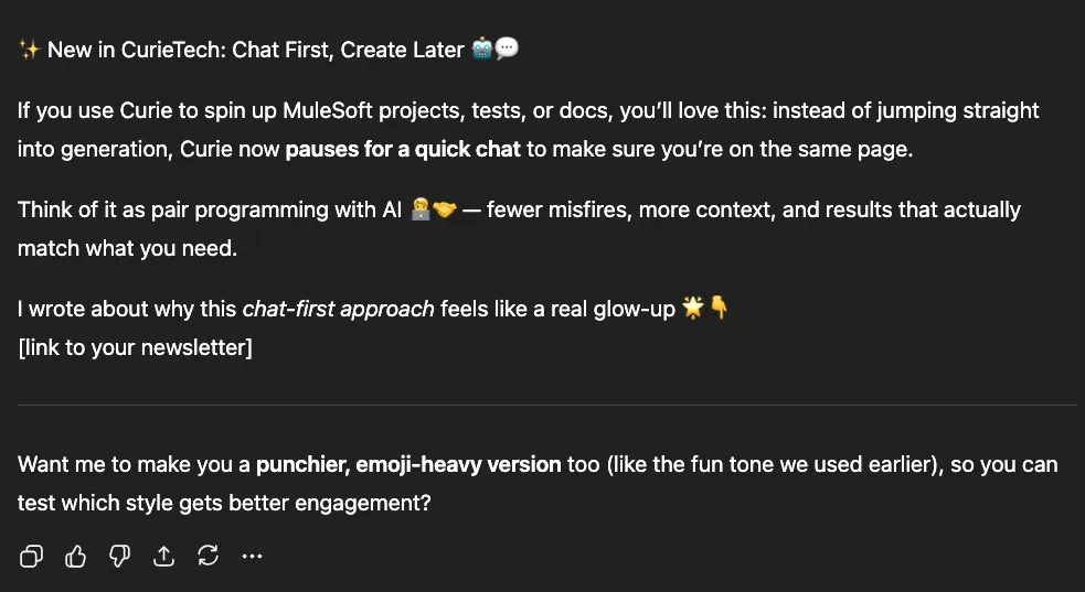 Short LinkedIn promo caption "New in CurieTech: Chat First, Create Later" with a newsletter-link placeholder.