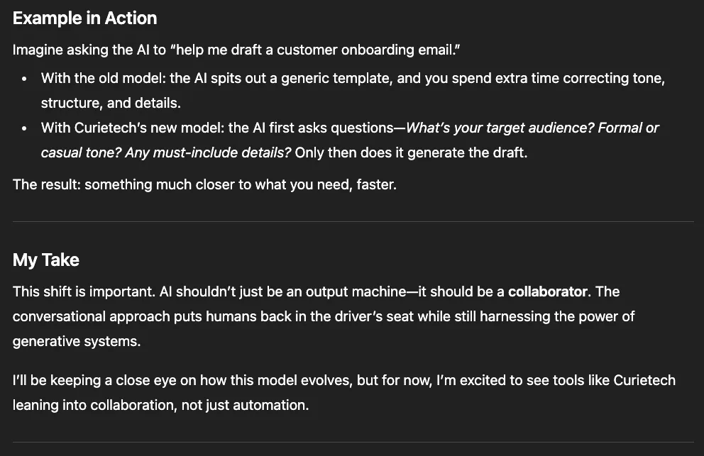 Continuation of the first draft with "Example in Action" and "My Take" sections.