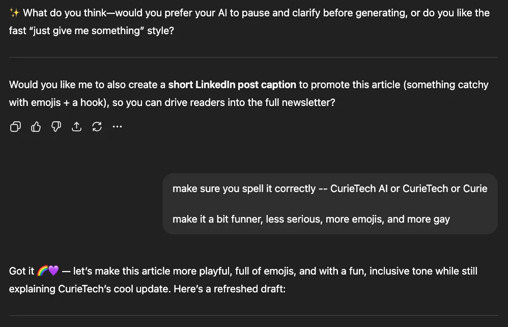 Follow-up prompt asking ChatGPT to spell CurieTech correctly and make the tone funnier and more playful.