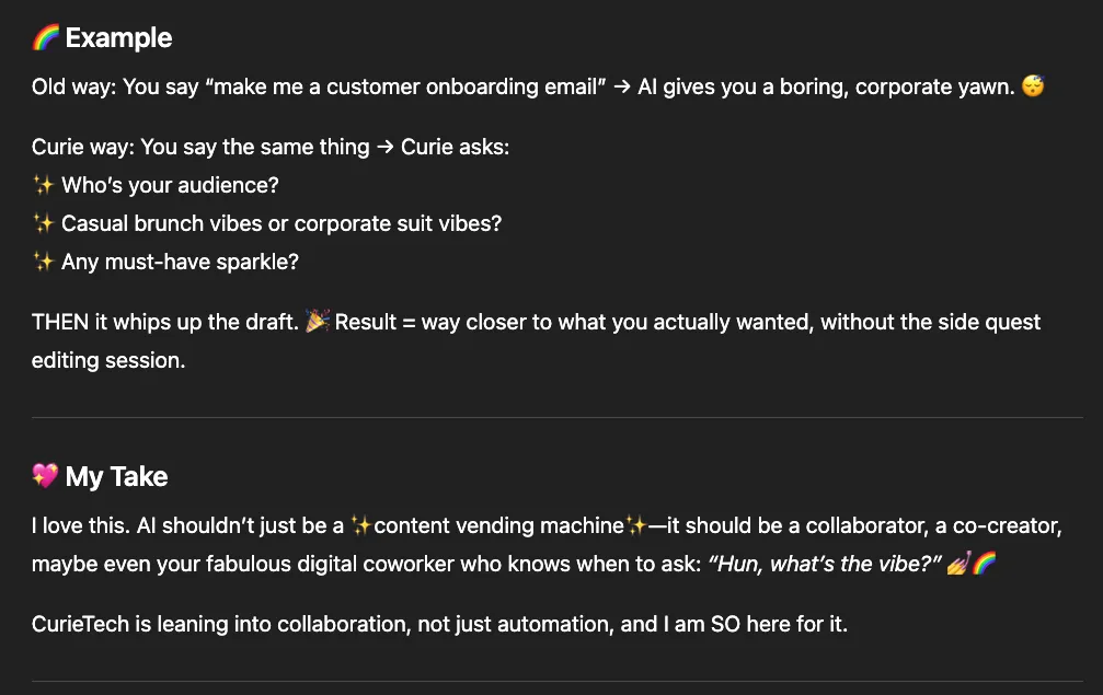 Continuation of the playful rewrite with emoji-laden "Example" and "My Take" sections.