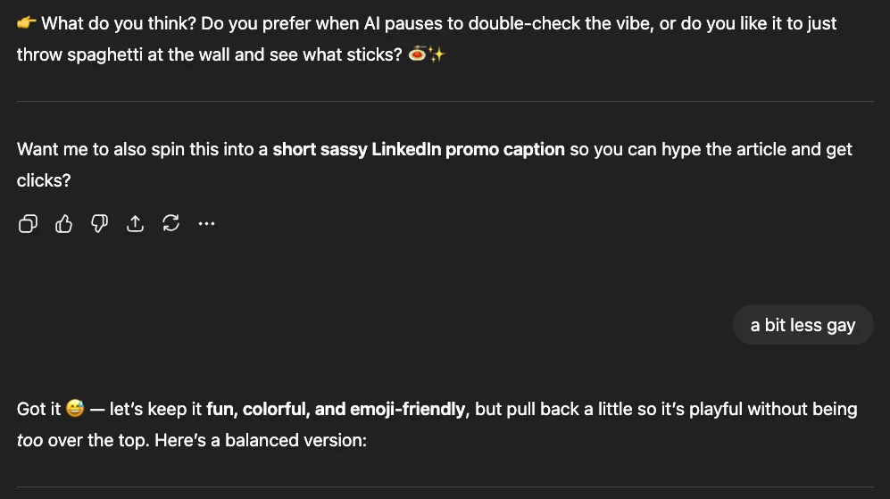 Prompt telling ChatGPT to make the tone "a bit less gay", and its reply offering a more balanced version.