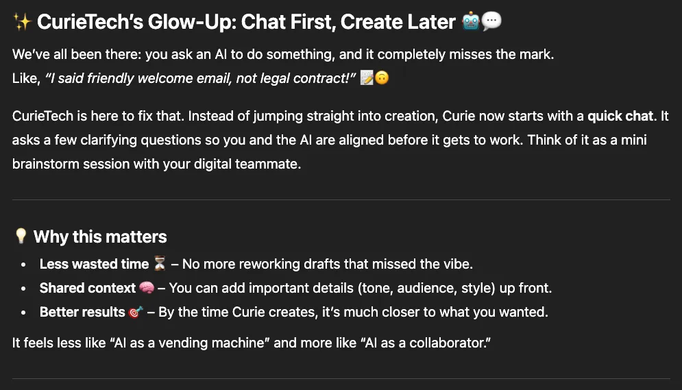 Toned-down rewrite of "CurieTech's Glow-Up: Chat First, Create Later" with a "Why this matters" list.