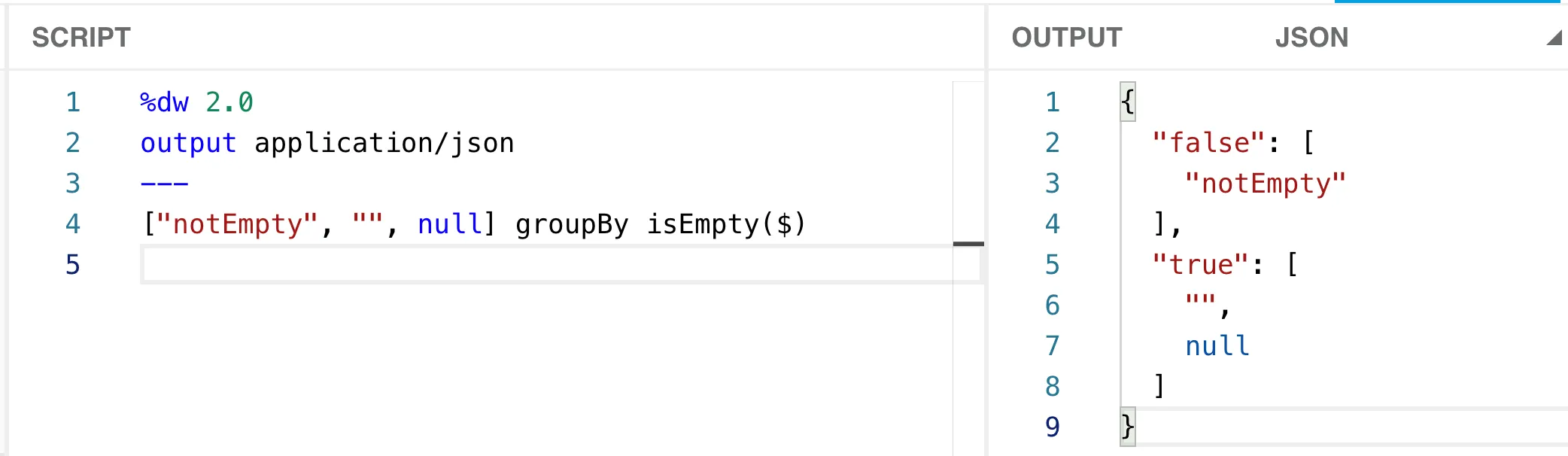 DataWeave Playground: groupBy isEmpty output grouping the array into false and true keys