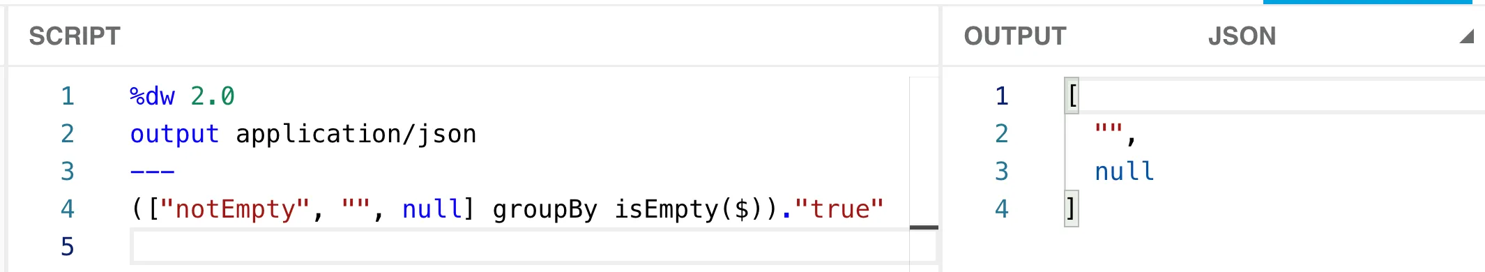 DataWeave Playground: selecting the "true" key returns an array of the empty and null values