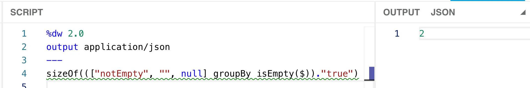 DataWeave Playground: sizeOf returns 2 with a green type warning underline on the script