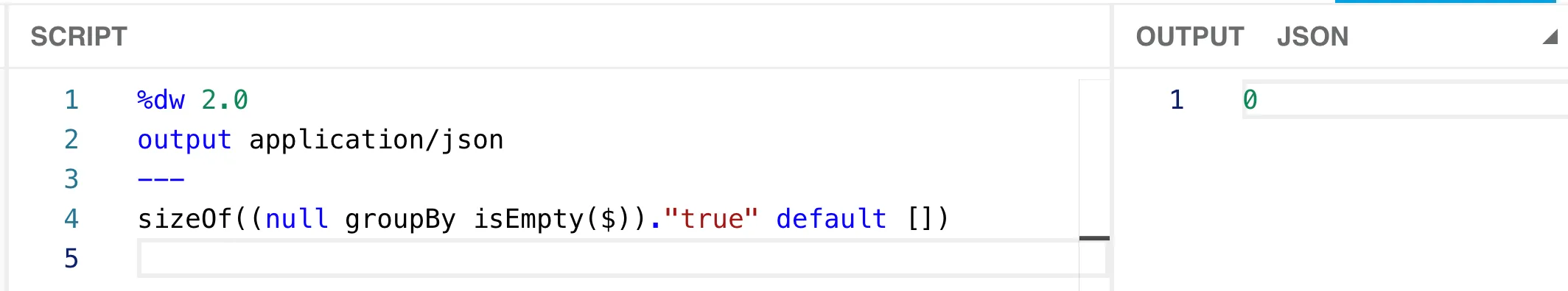 DataWeave Playground: a null input with default [] returns 0 from sizeOf