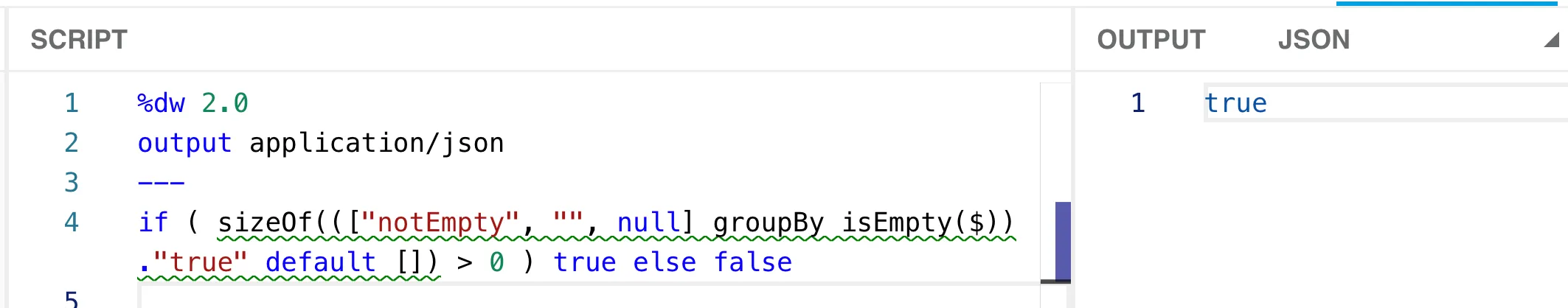 DataWeave Playground: an if/else on sizeOf greater than 0 returns the Boolean true