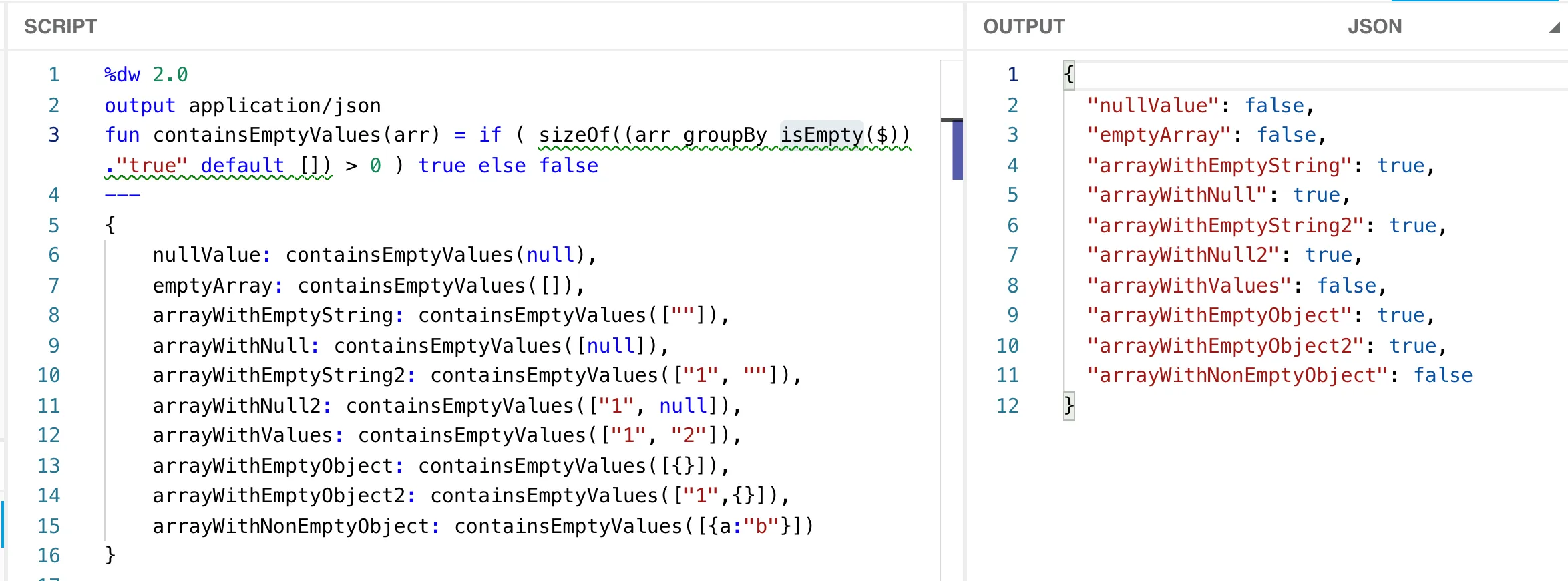 DataWeave Playground: the containsEmptyValues function tested against many cases returning true or false