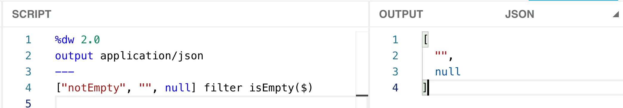 DataWeave filter isEmpty script returning an array of the empty string and null