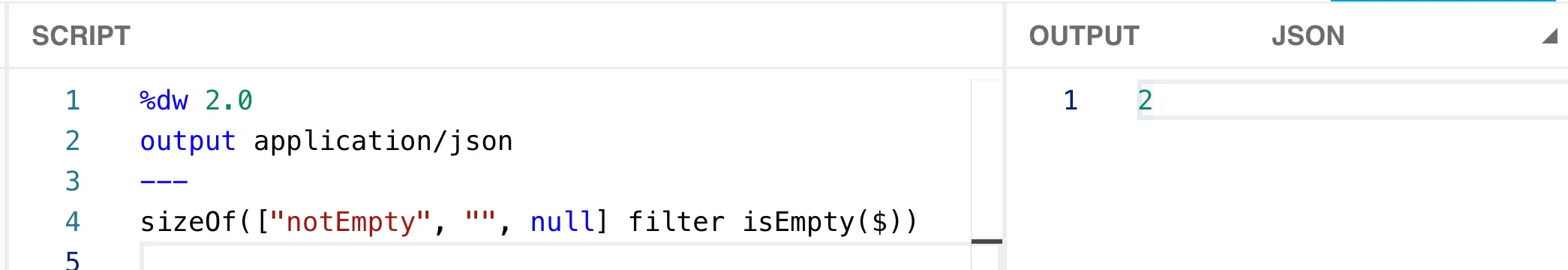 sizeOf wrapping the filter isEmpty script, outputting 2