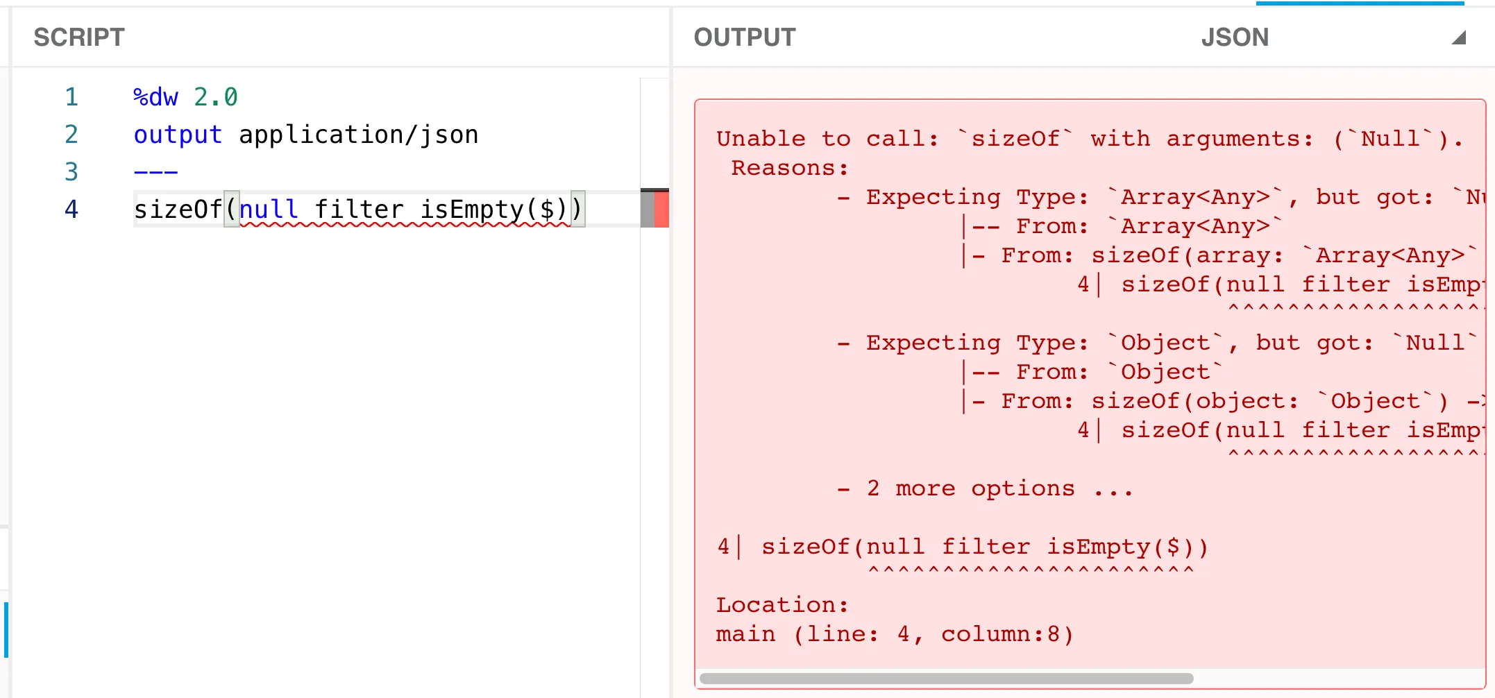 DataWeave error: unable to call sizeOf with a Null argument from filtering null