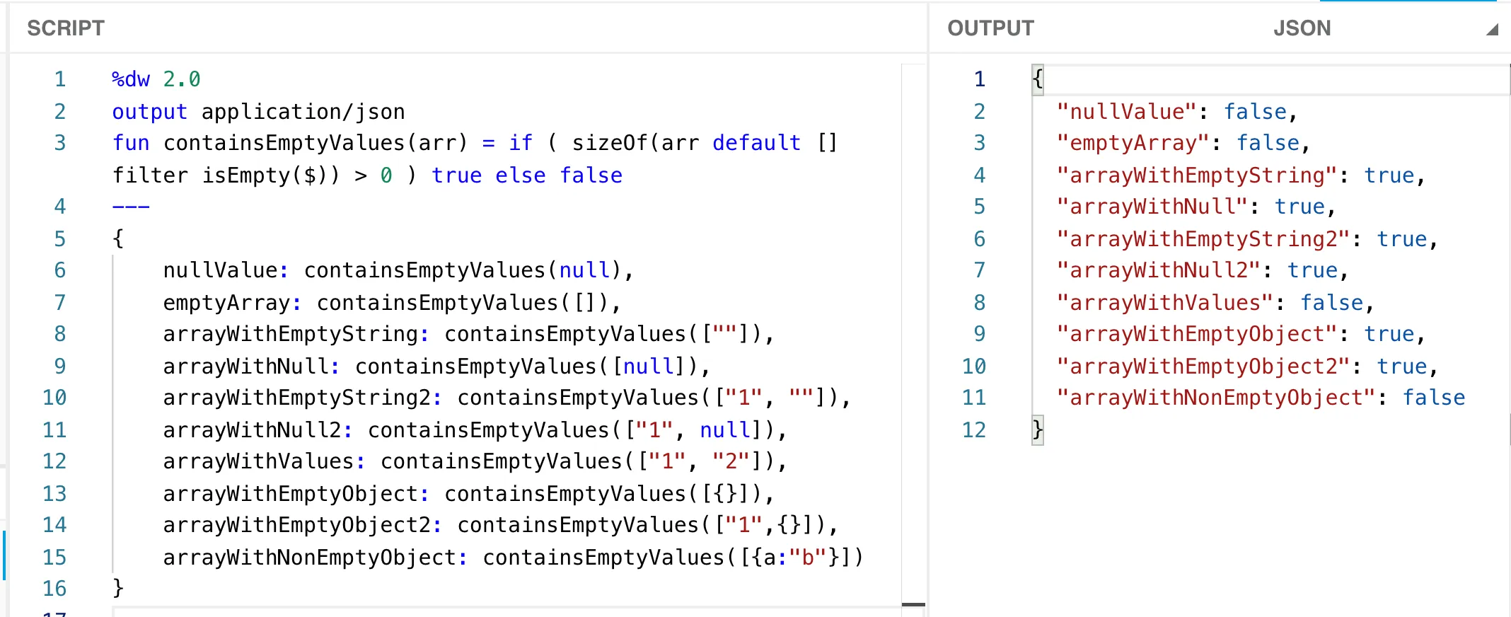 containsEmptyValues function tested against ten cases, with true/false results per case