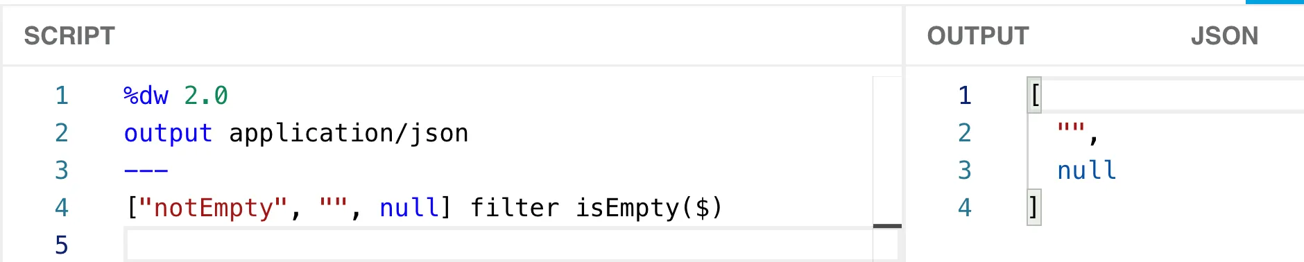 DataWeave Playground filtering ["notEmpty","",null] by isEmpty, outputting just the "" and null entries.