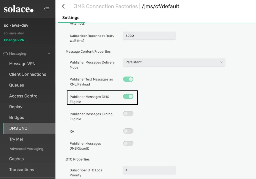 Solace JMS connection factory settings with "Publisher Messages DMQ Eligible" toggled on
