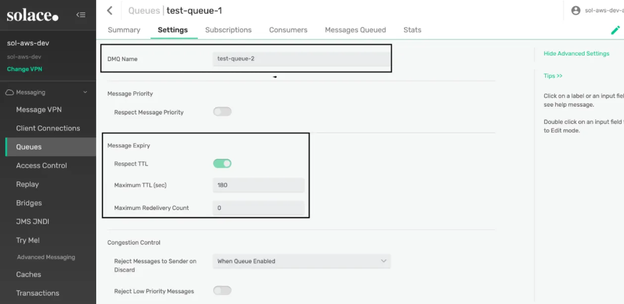 test-queue-1 settings: DMQ Name test-queue-2, Respect TTL on, Maximum TTL 180 seconds