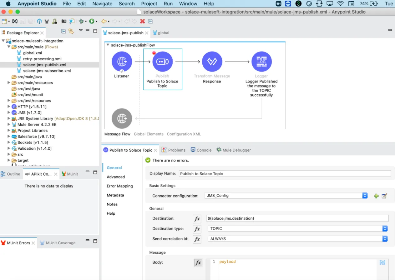 Anypoint Studio publish flow with HTTP Listener and JMS Publish to a Solace topic
