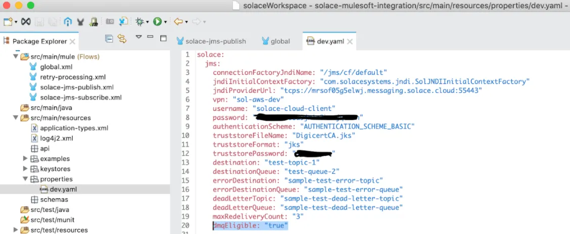 dev.yaml properties file with the Solace JMS config and dmqEligible set to "true"