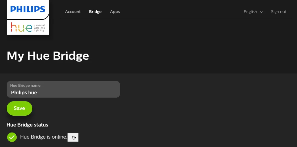 Philips Hue account Bridge page showing the Hue Bridge status as online