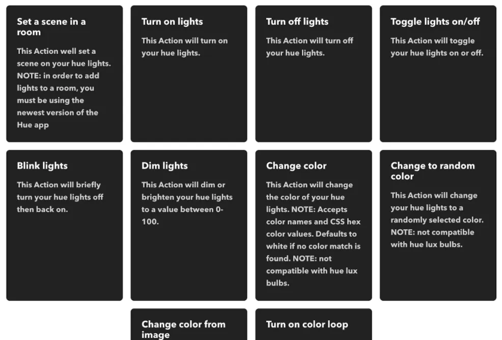 Philips Hue action choices including Turn on/off lights, Blink, Dim, and Change color
