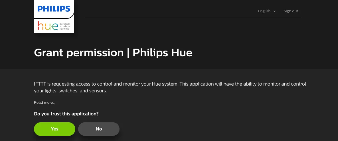 Philips Hue "Grant permission" page asking to trust IFTTT, with Yes and No buttons