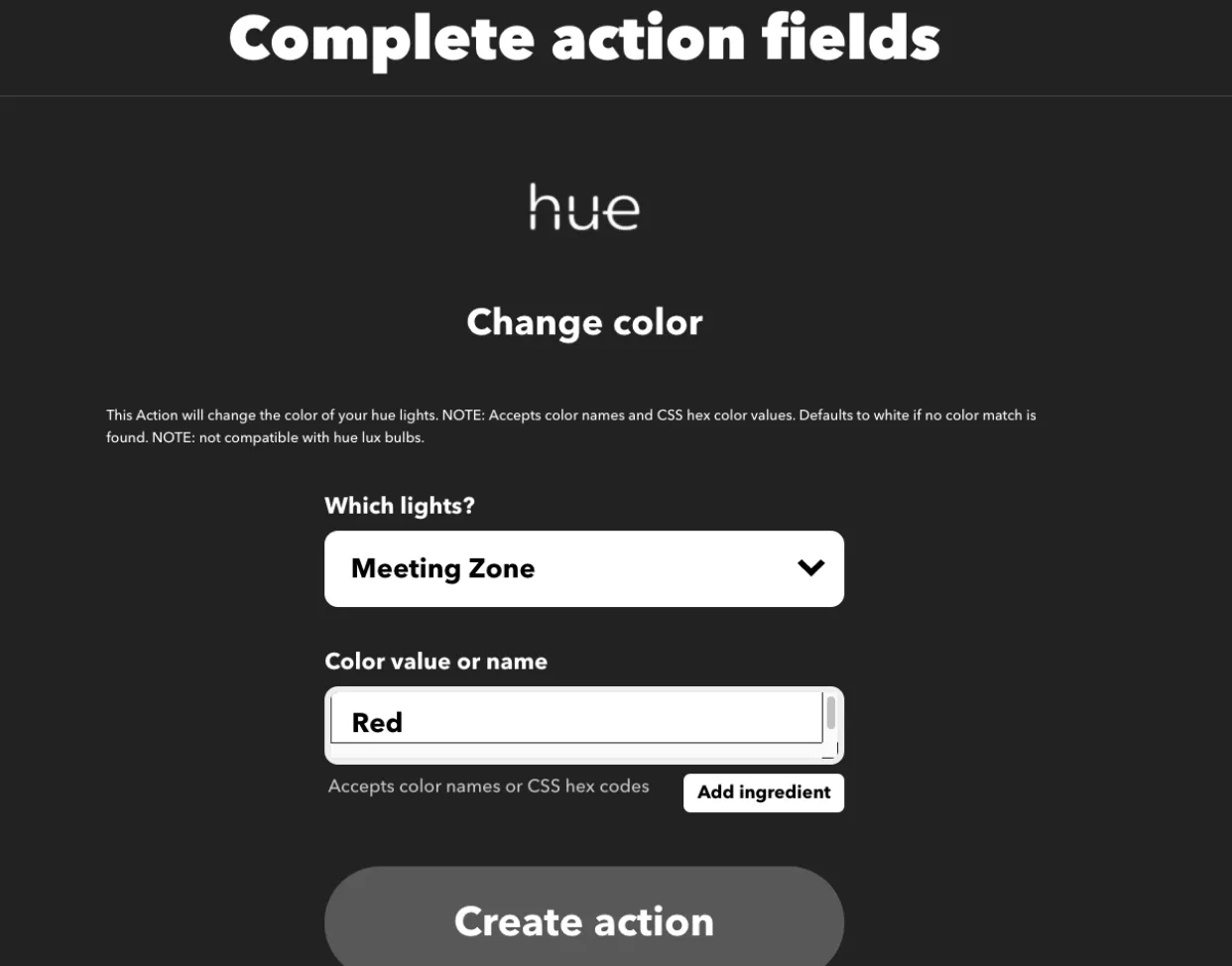 Change color action fields with the Meeting Zone light selected and color set to Red