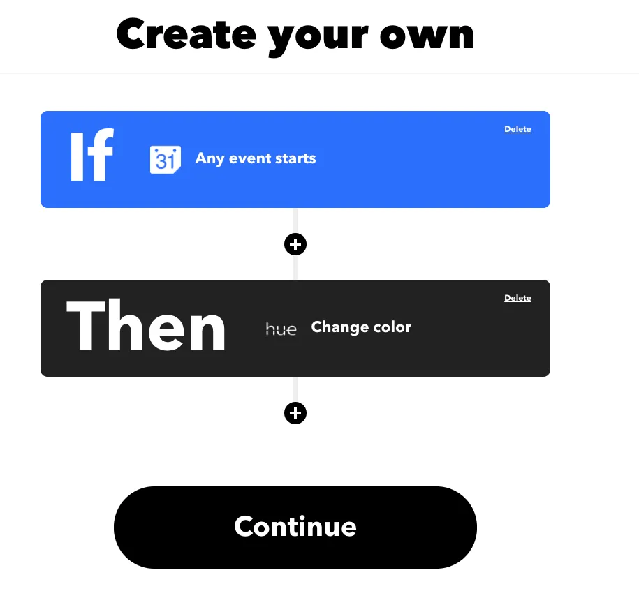 Completed applet showing "If Any event starts, Then Change color" with a Continue button