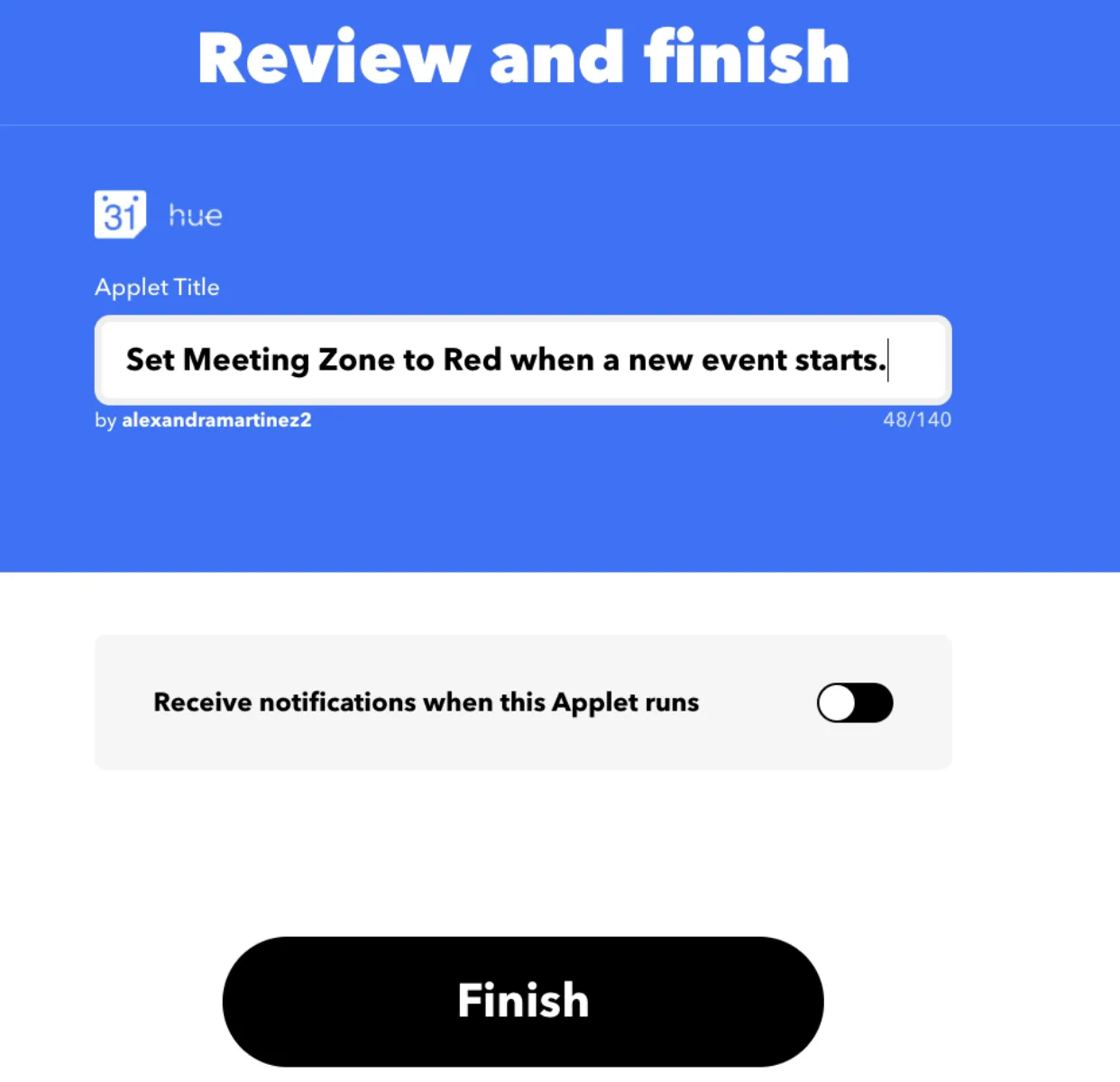 Review and finish screen with the applet titled "Set Meeting Zone to Red when a new event starts"