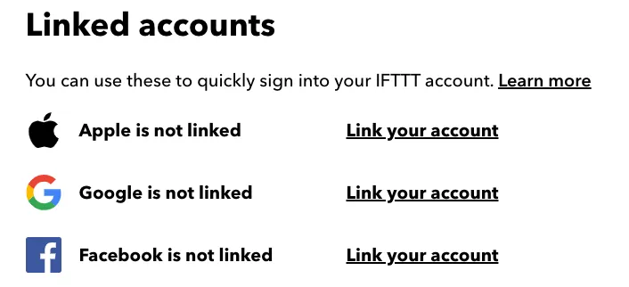 IFTTT Linked accounts settings showing Apple, Google, and Facebook all not linked