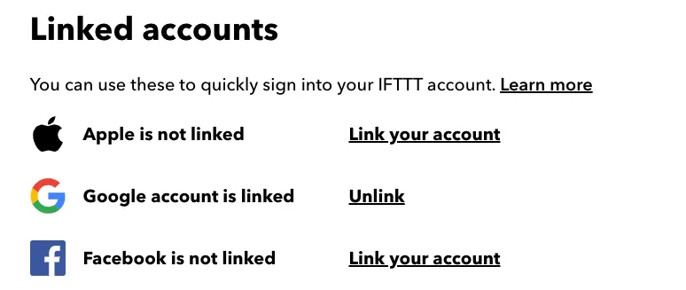 IFTTT Linked accounts now showing the Google account is linked with an Unlink option