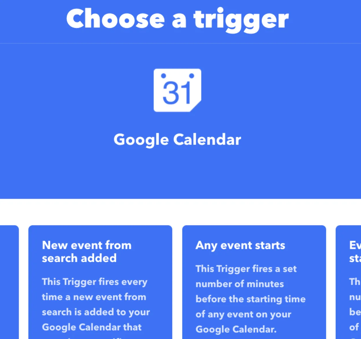 Google Calendar trigger options including "New event from search added" and "Any event starts"