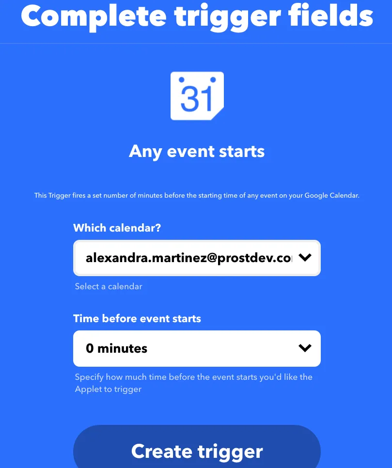 Trigger fields for "Any event starts" with a calendar picker and "Time before event starts" set to 0 minutes