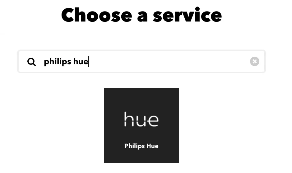 IFTTT "Choose a service" search for "philips hue" showing the Philips Hue tile